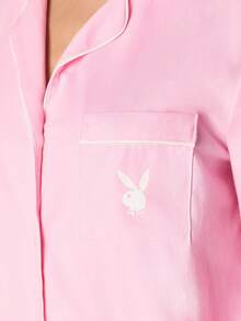 Missguided x Playboy Long Sleeve Button Front Shirt With Elastic Waist Ruffle Hem Shorts Pajama Sleep Set Loungewear Nightwear - Pink - View 5