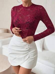 Firerie Women's Solid Color Stand Collar Raglan Sleeve Lace Fitted Cropped T-Shirt - Burgundy - View 4