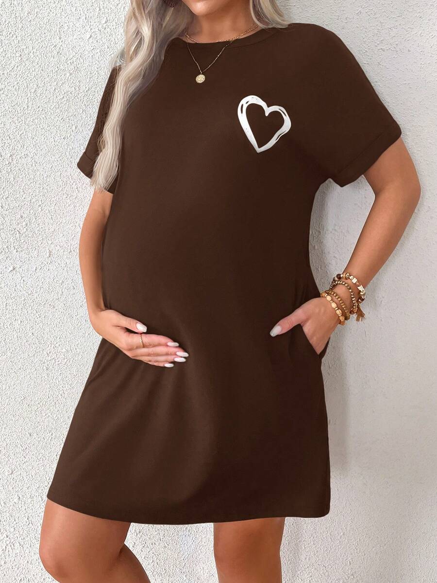 SHEIN Maternity Heart Print Simple Daily Short Sleeve Dress - Coffee Brown - View 1