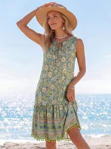 Sylviya Women's Sleeveless Floral Print Dress With Knotted Collar,Vacation - Green - View 4