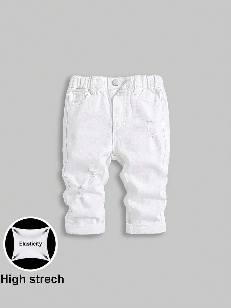 SHEIN Baby Boys' Lightweight Washed Soft Denim Jeans, Spring/Summer - White - View 1