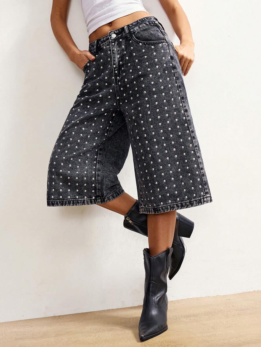 Bohemela Women's Loose-Fitting Denim Shorts With Studded Pockets, Cropped Jeans, Y2K Summer Valentine's Day Carnival Costume Beach Casual - Black - View 1