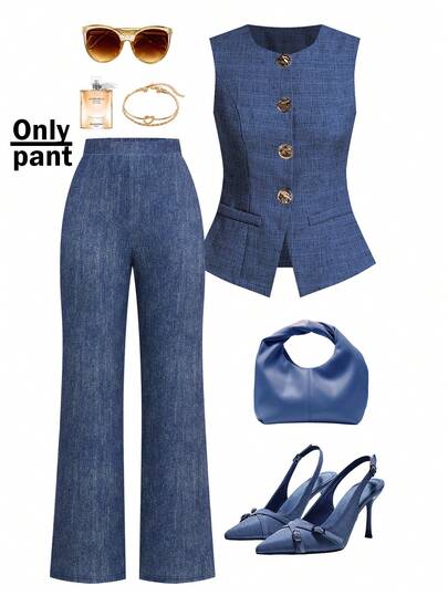 Ellevyn Pantalones anchos de pierna elásticos de elegante azul vaquero para mujer, adecuados para ir al trabajo y múltiples ocasiones