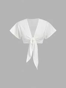 SHEIN MOD 女士时尚网纱打结露脐上衣，夏季 - 白色 - 查看 6