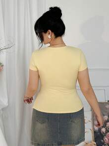 SHEIN EZwear Plus Size Women Summer Casual Drape Neck Contrast Lace Ruffle Waist T-Shirt - Pale Yellow - View 2