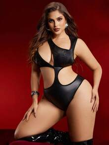SHEIN Mono con diseño asimétrico de patchwork de PU, lencería de talla grande con encanto en estilo Y2K - Negro - Ver 3