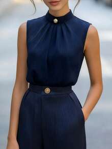 Balvessa 女士藏蓝色缎面条纹领荷叶边无袖优雅衬衫 - 藏蓝色 - 查看 3