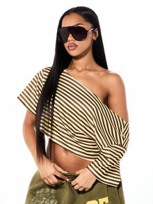 SUMWON WOMEN Off Shoulder Striped Top With Asymmetrical One Sleeve Design Casual Summer Blouse For Weekend Wear Fashion Styling - Brown - View 1