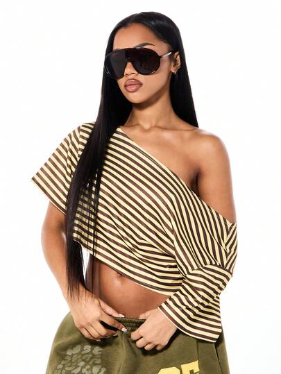 SUMWON WOMEN Off Shoulder Striped Top With Asymmetrical One Sleeve Design Casual Summer Blouse For Weekend Wear Fashion Styling