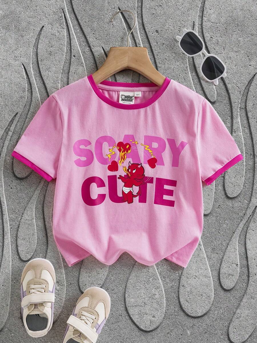 SHEIN HOT STUFF Tween Girl Casual Everyday Commute Cartoon Letter Print Ringer Crop Tee, Summer - Hot Pink - View 1