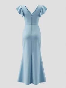 Qadelle Đầm maxi trơn màu thanh lịch mới, cổ chữ V sâu, thắt eo, đính đá ánh kim, tay bồng, thiết kế bất đối xứng, xẻ tà, đầm dài dự tiệc, mùa xuân/hè. - Màu xanh lam - Xem 2