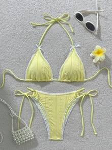 Swim Vcay Women's Sweet Bow Embossed Bikini Set, Beach Vacation Summer - Yellow - View 7