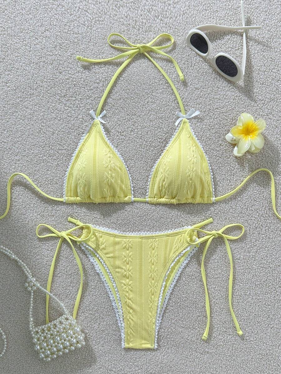 Swim Vcay Women's Sweet Bow Embossed Bikini Set, Beach Vacation Summer - Yellow - View 1