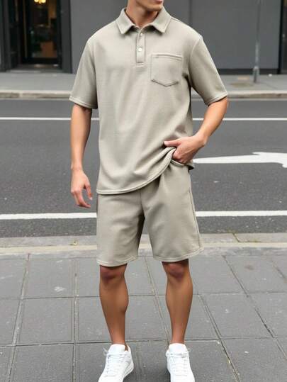 2 st/set tonårspojke lös passform enfärgad nedfällbar krage kortärmad pikétröja och shorts set, avslappnad outfit för pendling, skola, vardag, sport, lämplig för vår/sommar