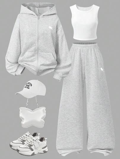 SHEIN Conjunto de 3 piezas de ropa casual para adolescentes, que incluye sudadera con capucha y cremallera con estampado de caballo, top blanco de tirantes y pantalones rectos de cintura elástica, para otoño