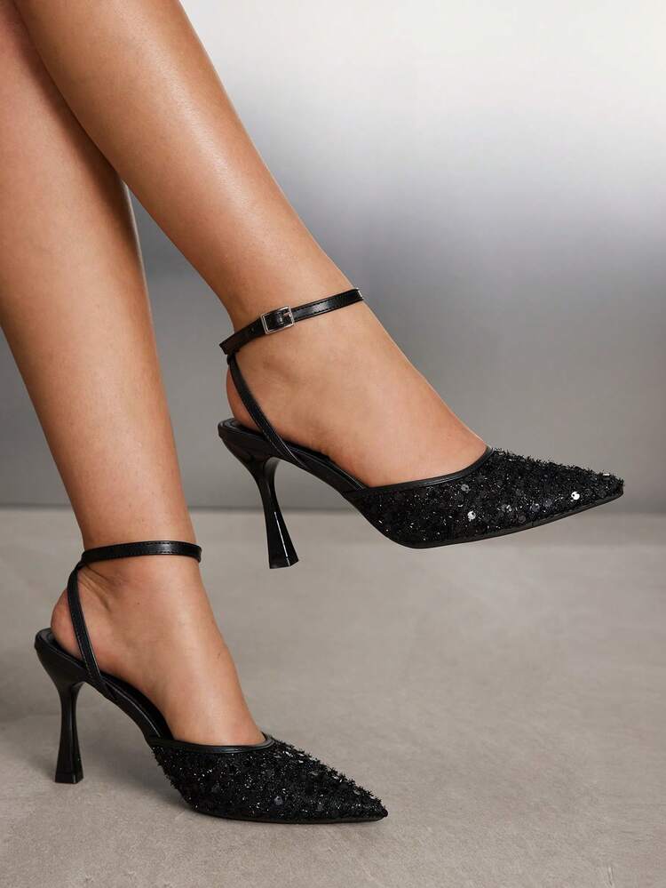 CUCCOO SZL Women's Sequin Mesh Closed Toe High Heel Sandals, Fashionable Casual Wear For Work, Summer/Autumn Valentine's Day