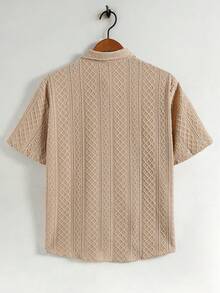 TOKVUE 男士几何提花单排扣休闲短袖衬衫 - 卡其色 - 查看 2