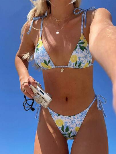 Swim Mod 2pcs/Set Women's Lemon Print Tie-Front Striped Contrast Color Halter Bikini Swimsuit, Suitable For Spring/Summer Vacation