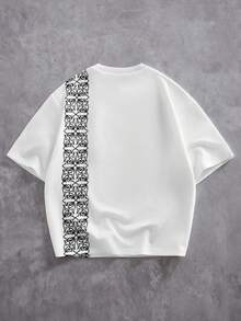 ROMWE MEN Street Life Men's Embroidered Contrast Line Print T-Shirt - Black and White - View 2