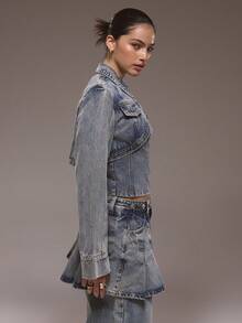 MUSERA Super Cropped Button Detail Denim Jacket Winter Cute Streetwear Going Out Casual Western Born Faded - Blue - View 3
