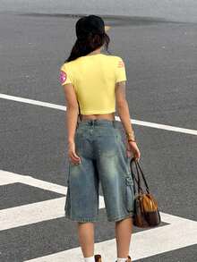 SHEIN EZwear 休闲圆领修身短袖T恤，印有字母R图案 - 彩色 - 查看 2