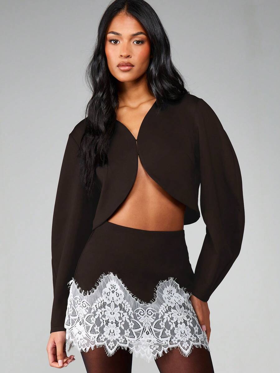 MISSGUIDED Chic Bodycon Mini Skirt With Delicate White Lace Hem Detail For Evening Occasions And Night Outfits - Brown - View 1