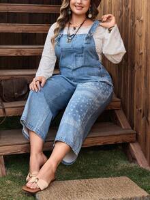 EMERY ROSE Celana Bib Denim Motif Biru Muda Nyaman Kasual untuk Wanita Ukuran Plus - Light Wash - View 6