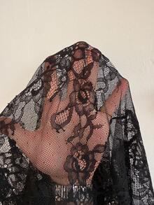 SHEIN EZwear 大码浪漫优雅黑色蕾丝无肩带紧身连衣裙，不对称下摆，适合情人节、婚礼、派对、音乐会、夜店派对、女士连衣裙、鸡尾酒礼服 - 黑色 - 查看 6