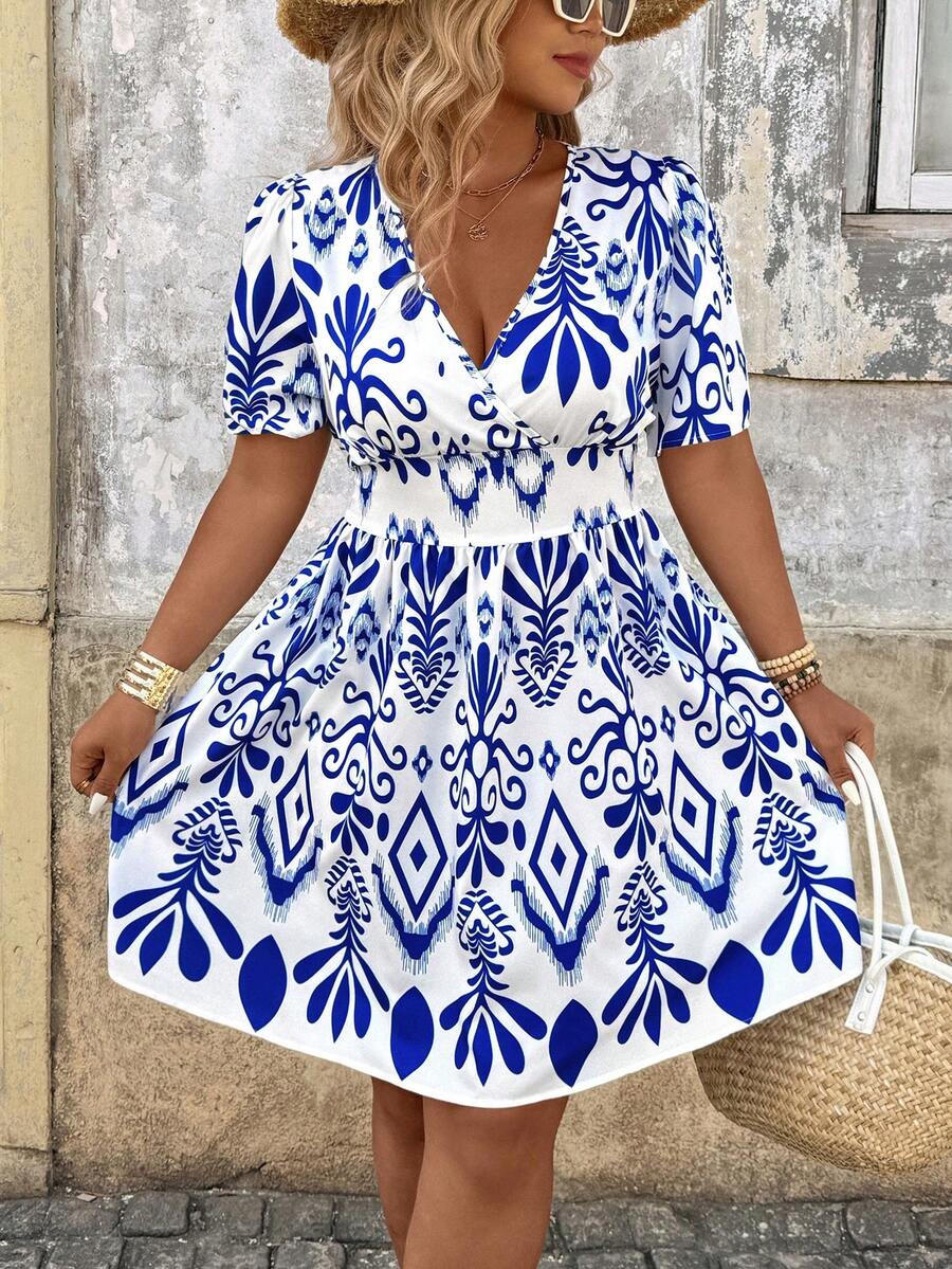 Breezaya Plus Size Women's Elegant V-Neck Blue And White Summer Boho Beach Holiday Short Sleeve Floral Print Dress,Waist Cinched Minimalist Vacation Style - Multicolor - View 1