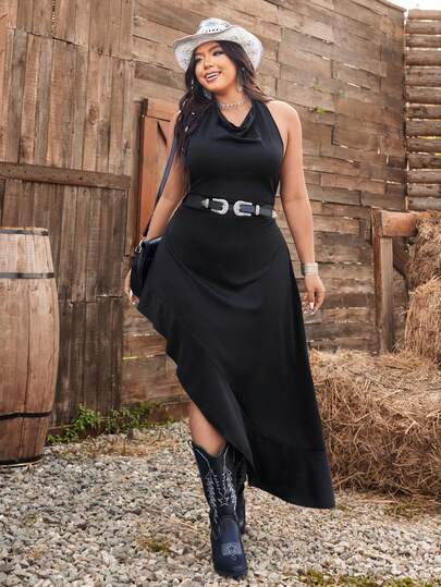 Ceyna 大码女式西部风格深色宽松领口荷叶边下摆连衣裙