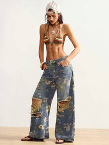Bohemela Women's Vintage Distressed Print Loose Fit Jeans Women's Trousers Y2k Low Rise Jeans Summer Pants Printed Pants Distressed Jeans Summer Wide Leg Denim Painted Jeans Baggy Jeans With Designs Women Baggy Jean Patch Work Jeans Boho Chic Women's Clothing Women's Summer Outfits Bohemian Outfit For Women Women Vacation Outfit Sets Beach Outfit For Women Demin Outfit Women Fashion Women's Beach Outfits Yk2k Jeans - Multicolor - View 7