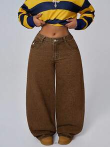 Jeanoix Quần dài nữ cỡ lớn thêu họa tiết, kiểu dáng thường ngày, đã qua xử lý giặt. - Cà phê nâu - Xem 3