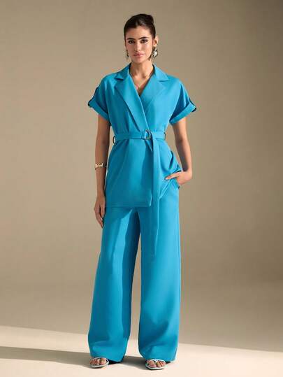 CLARA VERO Blue Lapel Collar Belted Short Sleeve Top And High Waist Wide Leg Pants Set: Relaxed Straight Fit And Soft Structure, Perfect For Work Outfits Or Stylish City Days, Made In Non-Elastic Smooth Polyester Featuring Rolled Sleeve Detail Self-Tie Belt And Clean Line Tailoring Blue Pants Suit For Women Pants Suits For Woman Elegant Sky Blue Outfit For Women Turquoise Outfit For Women Summer Suits For Women Blue Jumpsuit Women Scrub Sets For Women