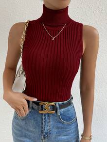 SHEIN Unity Women's Turtleneck Ribbed Fitted Versatile Knit Top, Suitable For Dates And Outings - Red - View 6