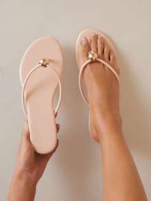 SHUZIA Women's Round Toe T Strap Thong Poolside Flip Flop Sandals - Beige - View 2