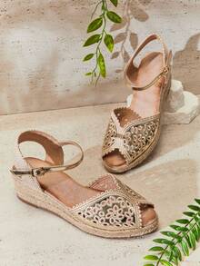 SHUZIA Women Elegant Floral Cut-Out Ankle Strap Espadrille Wedges - Gold - View 6