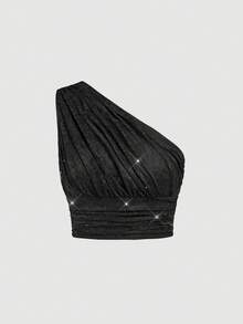SHEIN MOD Women's Y2K Ruched Sleeveless Fashionable Crop Top, Spring/Summer, Party Top, Elegant, Holidays, Formal Top, Sequin Top, Going Out Top, Birthday, Date, Sexy Top, Y2K Top, Date, Romantic, Club Top - Black - View 4