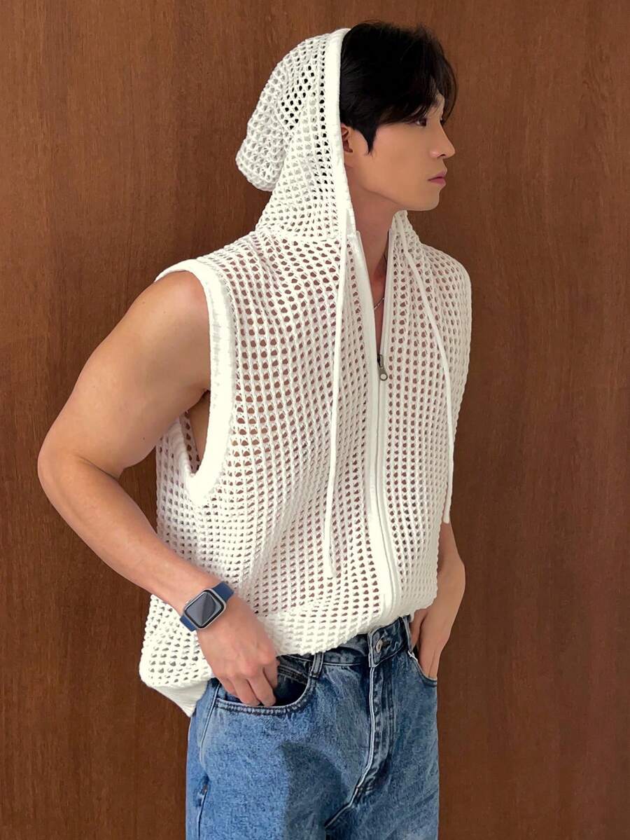 DAZY 男士夏季镂空连帽开衫外套 - 白色 - 查看 1