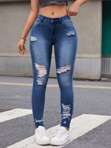 Jeanoix Women's Pocket Distressed Skinny Casual Versatile Jeans - Dark Wash - View 3