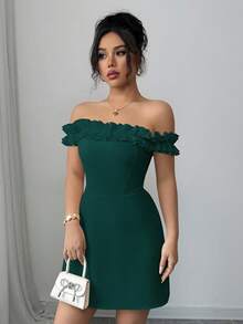 Elenzga Vestido romántico para mujer con cuello de volantes, hombros descubiertos y cintura ceñida - Verde Oscuro - Ver 3