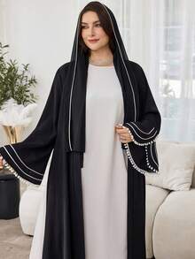 Al Najma Plus Size Women Elegant Fashion Patchwork Pom Pom Flare Sleeve Arabic Abaya Robe - Black - View 7