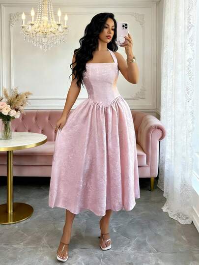 SHEIN Raffinéa Women's Elegant French Jacquard Waist Cinched Halter Flared Dress, Casual And Slimming