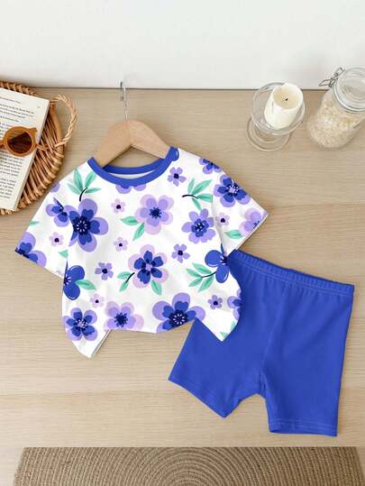 SHEIN Baby Girl Casual Loose Round Neck Short Sleeve T-Shirt And Tight Cycling Shorts Set, Suitable For Spring/Summer, Classic Pastoral Style, Cute Floral Print