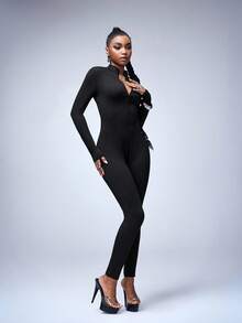 Y2Kool BiGraphic Women's Black Sexy Hot Girl Half-Zip Long-Sleeve Activewear Commuter Slim-Fit Jumpsuit, Minimalist Design - Black - View 1