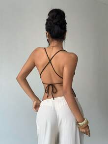 Aloruh 女士夏季手工钩编露背波西米亚风沙滩度假上衣 - 棕色 - 查看 2