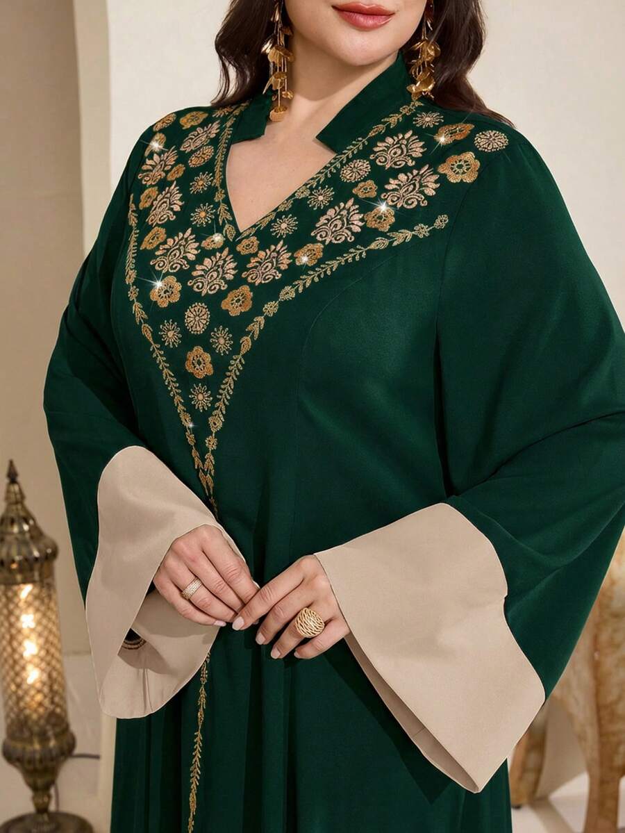 SHEIN Najma Đầm dài tay kiểu Ả Rập thanh lịch phối màu, thêu hoa dành cho nữ cỡ lớn. - Màu xanh lá cây đậm - Xem 1