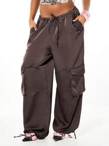 SUMWON WOMEN Women's Satin Cargo Barrel Pants With Side Pockets Elastic Waist Drawstring Loose Wide Leg Trouser Fall Winter Casual - Grey - View 1