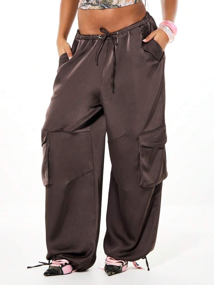 SUMWON WOMEN Satin Cargo Barrel Pants With Drawstring