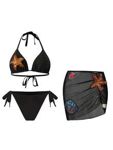 Swim Oasis Bộ đồ bơi cỡ lớn kèm váy, họa tiết động vật biển, kiểu dáng gợi cảm phong cách châu Âu cao cấp. - màu đen - Xem 1