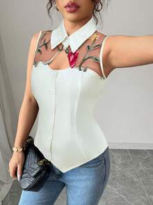 Elenzga Women's Summer New Black Mesh Patchwork 3D Rose Casual Shirt (Random Print) - Apricot - View 3